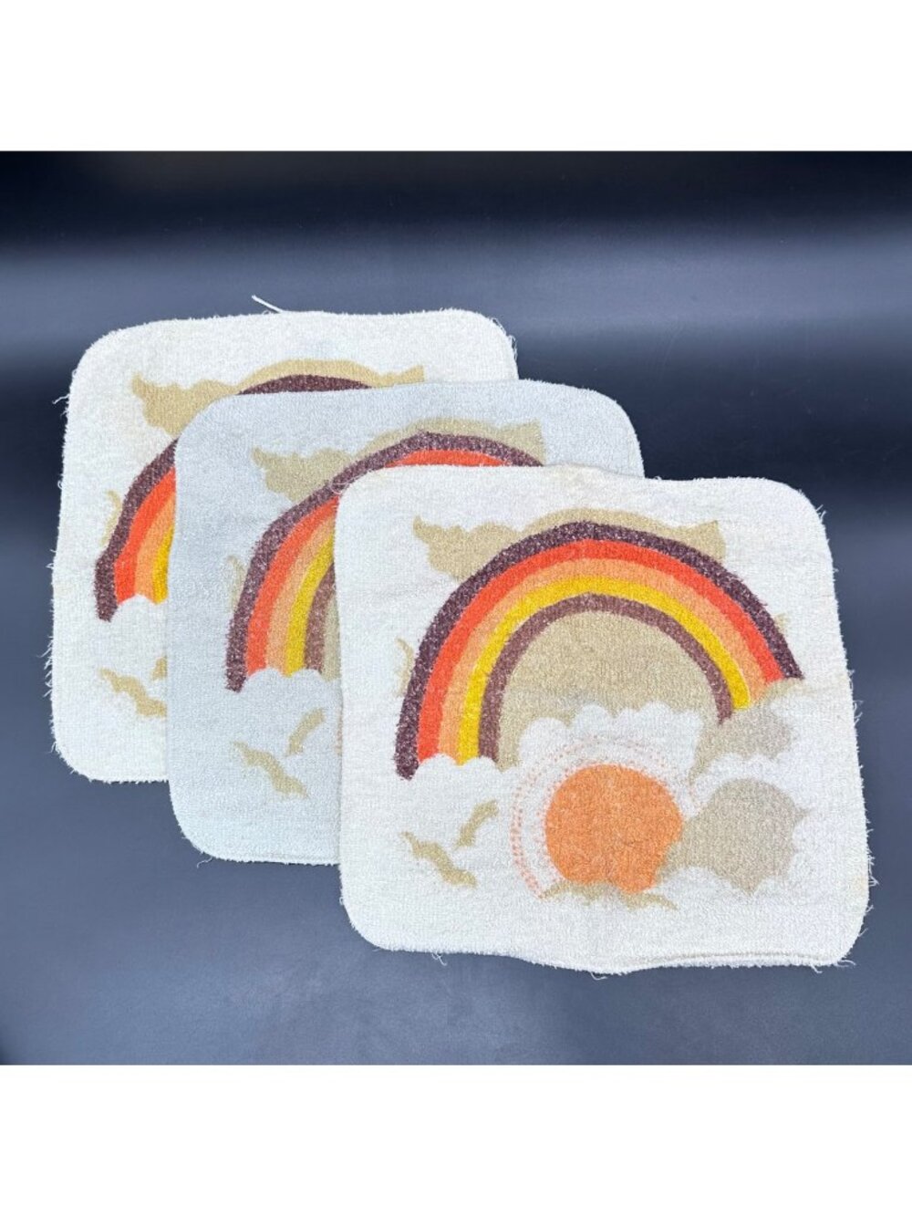 Vintage Rainbow Washcloths Cannon USA 1980s Retro Set Of 3 Brown Orange Yellow